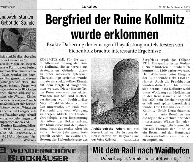 Datierung der Ruine Kollmitz durch Holzproben - "Der Waldviertler" 14.09.2005 - Bezirksblatt Waidhofen an der Thaya