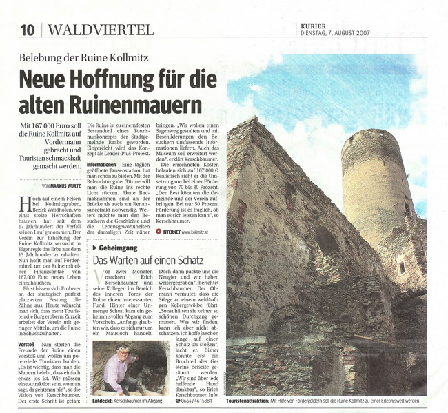 Belebung der Ruine Kollmitz - "KURIER" 07.08.2007 - Ausgabe Waldviertel - Seite 10