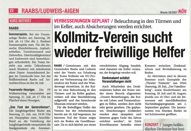 Ruine Kollmitz - Verein sucht freiwillige Helfer - "N�N" Woche 29 18.07.2007 - Waidhofner Zeitung - Seite 22